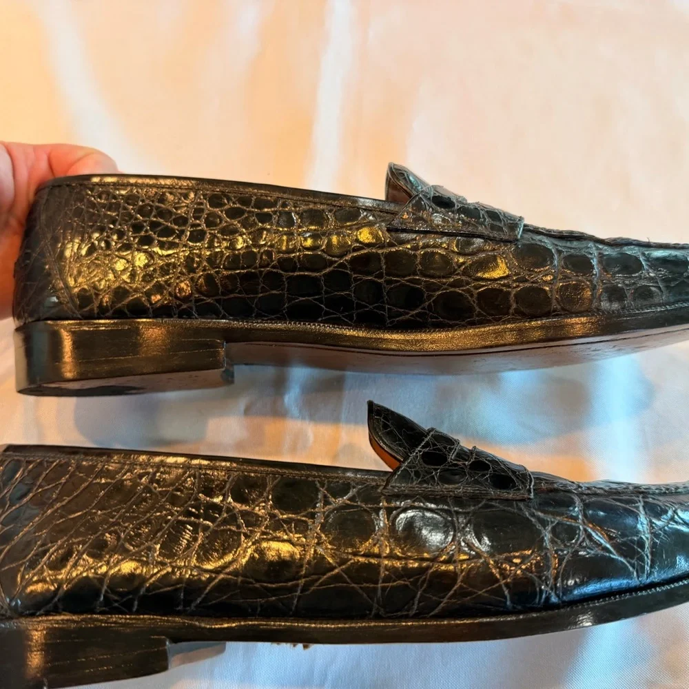 Salvatore Ferragamo Exotic Black Crocodile Leather Mens Penny Loafers Sz 10D